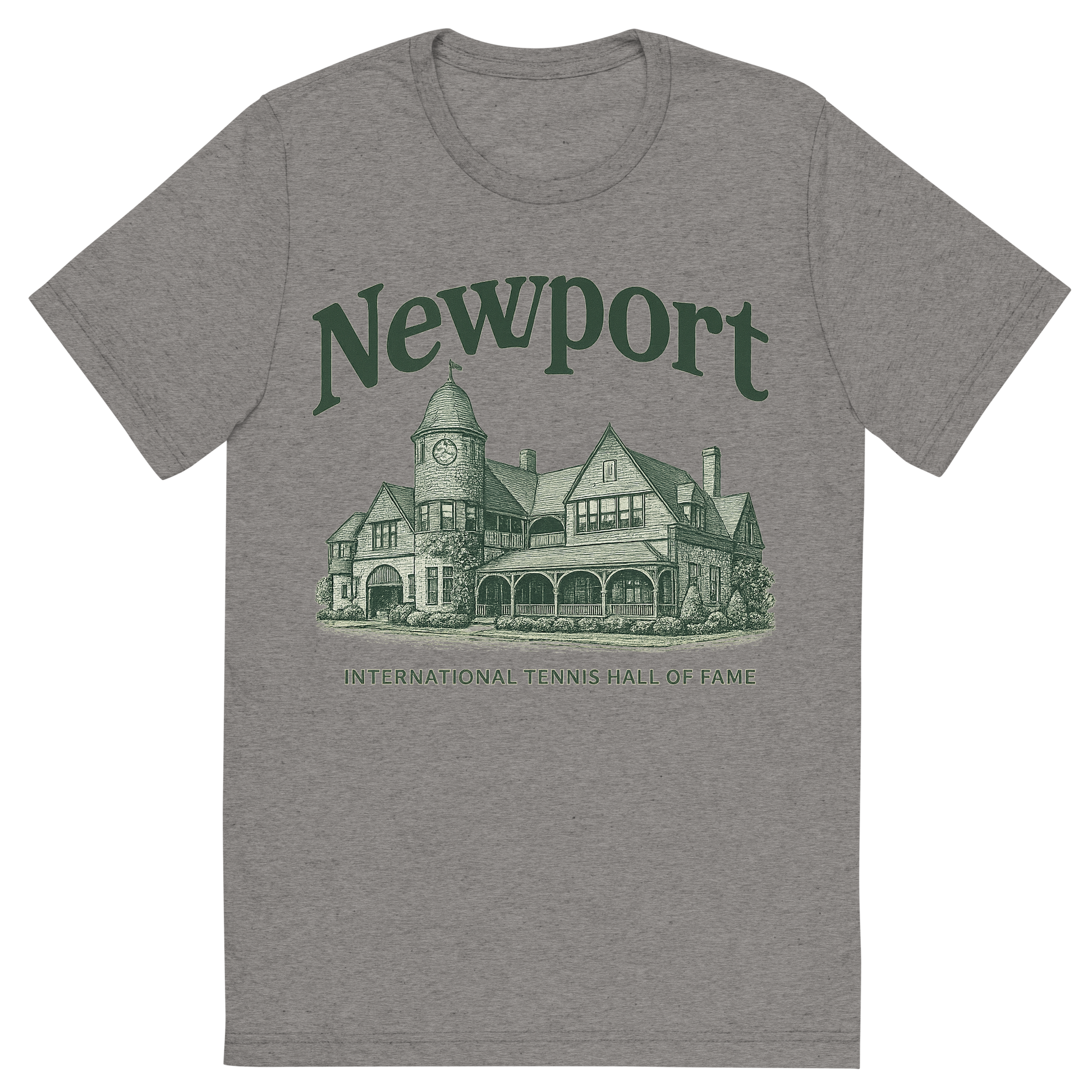 Front view of a Premium Tri-Blend Crew Neck T-Shirt in Grey showing 'A typographic, nostalgic graphic of a typographic illustration of the words 'newport' with a vintage line art drawing of the international tennis hall of fame'