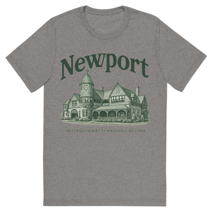 Front view of a Premium Tri-Blend Crew Neck T-Shirt in Grey showing 'A typographic, nostalgic graphic of a typographic illustration of the words 'newport' with a vintage line art drawing of the international tennis hall of fame'