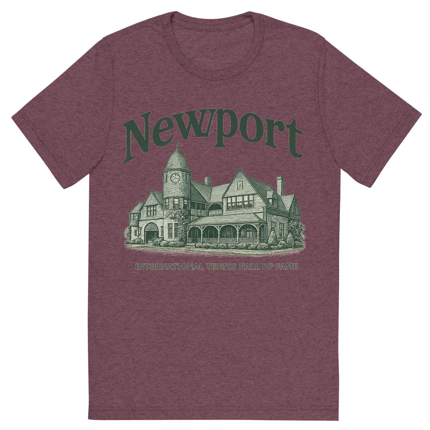 Front view of a Premium Tri-Blend Crew Neck T-Shirt in Maroon showing 'A typographic, nostalgic graphic of a typographic illustration of the words 'newport' with a vintage line art drawing of the international tennis hall of fame'