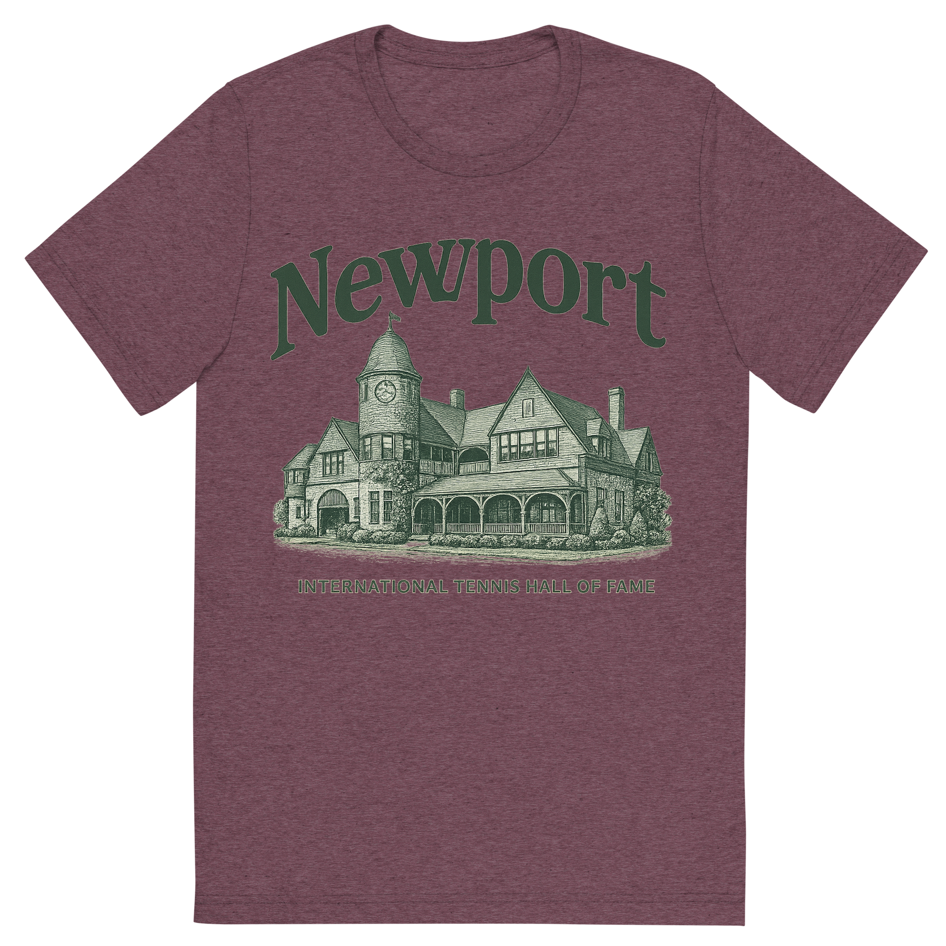 Front view of a Premium Tri-Blend Crew Neck T-Shirt in Maroon showing 'A typographic, nostalgic graphic of a typographic illustration of the words 'newport' with a vintage line art drawing of the international tennis hall of fame'