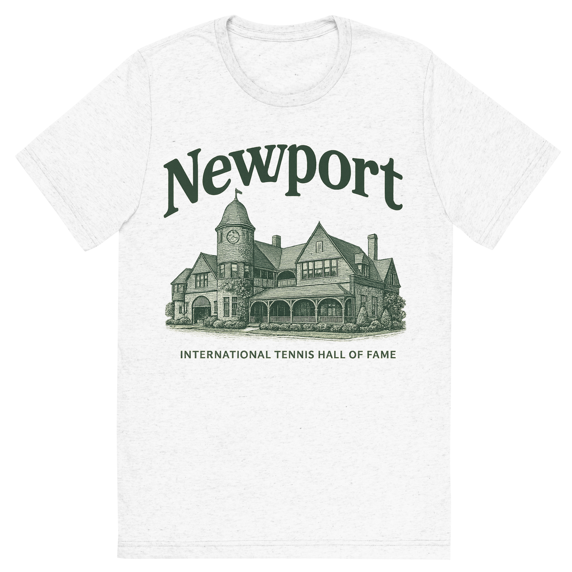 Front view of a Premium Tri-Blend Crew Neck T-Shirt in Solid White showing 'A typographic, nostalgic graphic of a typographic illustration of the words 'newport' with a vintage line art drawing of the international tennis hall of fame'