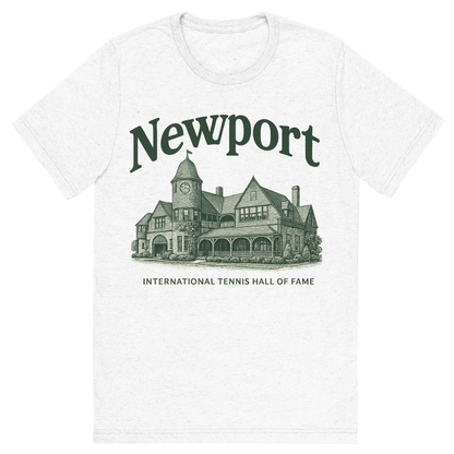 Front view of a Premium Tri-Blend Crew Neck T-Shirt in Solid White showing 'A typographic, nostalgic graphic of a typographic illustration of the words 'newport' with a vintage line art drawing of the international tennis hall of fame'