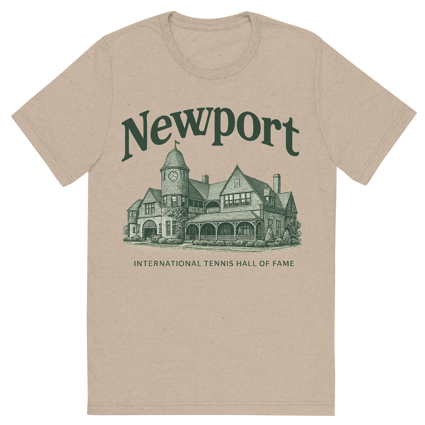 Front view of a Premium Tri-Blend Crew Neck T-Shirt in Tan showing 'A typographic, nostalgic graphic of a typographic illustration of the words 'newport' with a vintage line art drawing of the international tennis hall of fame'