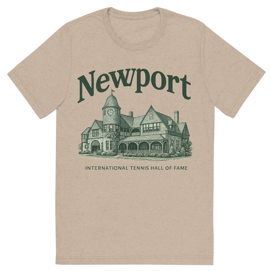 Front view of a Premium Tri-Blend Crew Neck T-Shirt in Tan showing 'A typographic, nostalgic graphic of a typographic illustration of the words 'newport' with a vintage line art drawing of the international tennis hall of fame'