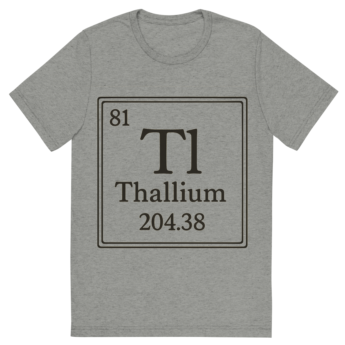 Front view of a Premium Tri-Blend Crew Neck T-Shirt in Athletic Grey showing 'A line art, nostalgic graphic of thallium's entry on the periodic table, use a dark color for the lines and text'