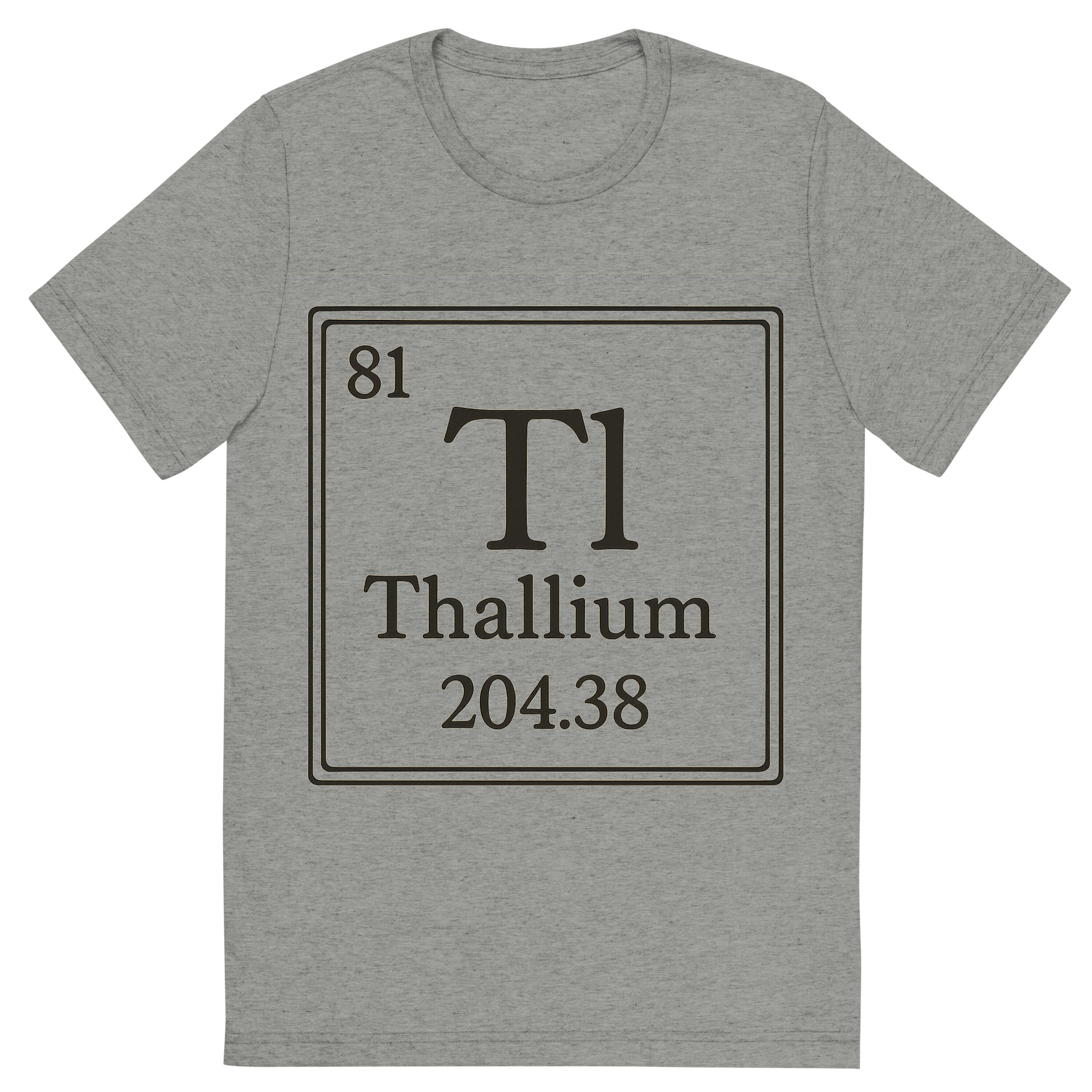 Front view of a Premium Tri-Blend Crew Neck T-Shirt in Athletic Grey showing 'A line art, nostalgic graphic of thallium's entry on the periodic table, use a dark color for the lines and text'
