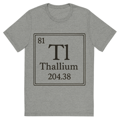 Front view of a Premium Tri-Blend Crew Neck T-Shirt in Athletic Grey showing 'A line art, nostalgic graphic of thallium's entry on the periodic table, use a dark color for the lines and text'