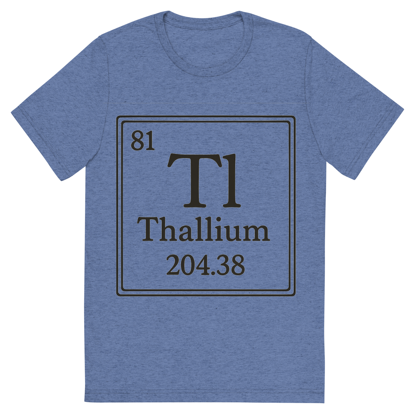 Front view of a Premium Tri-Blend Crew Neck T-Shirt in Blue showing 'A line art, nostalgic graphic of thallium's entry on the periodic table, use a dark color for the lines and text'
