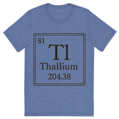 Front view of a Premium Tri-Blend Crew Neck T-Shirt in Blue showing 'A line art, nostalgic graphic of thallium's entry on the periodic table, use a dark color for the lines and text'