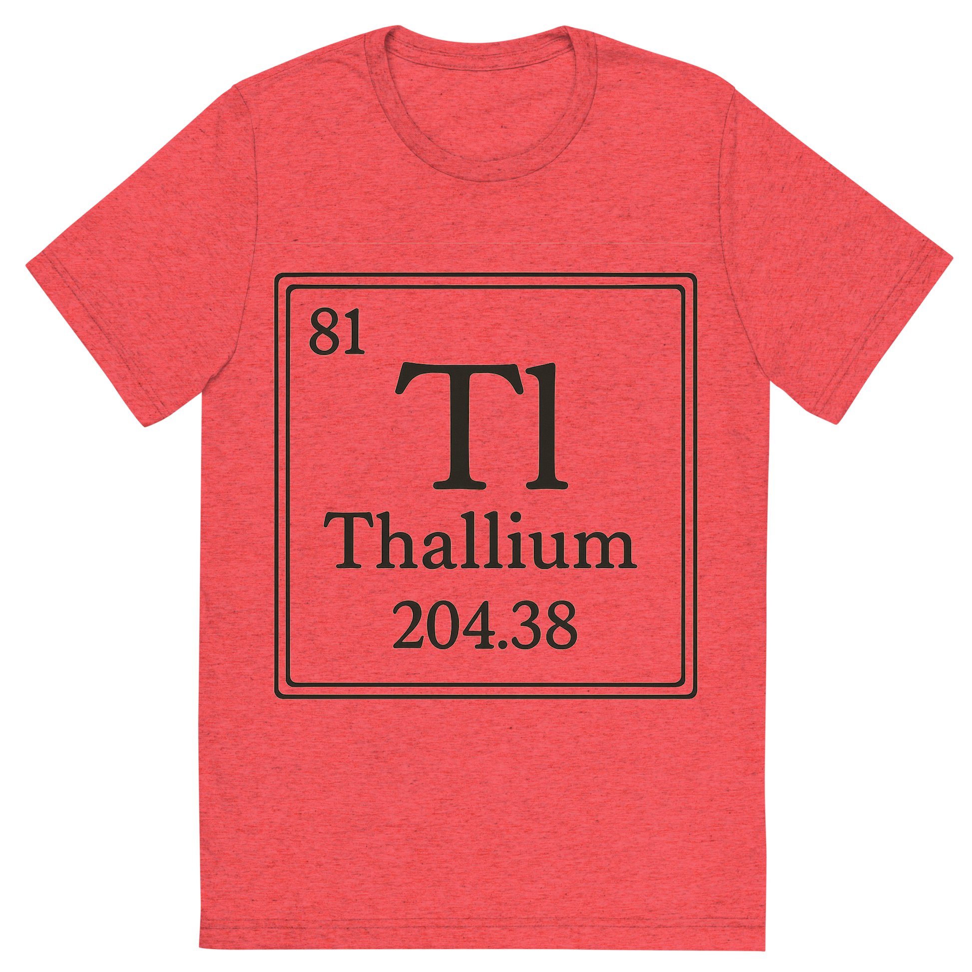 Front view of a Premium Tri-Blend Crew Neck T-Shirt in Red showing 'A line art, nostalgic graphic of thallium's entry on the periodic table, use a dark color for the lines and text'