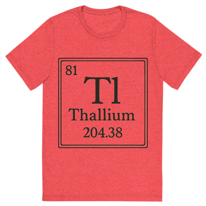 Front view of a Premium Tri-Blend Crew Neck T-Shirt in Red showing 'A line art, nostalgic graphic of thallium's entry on the periodic table, use a dark color for the lines and text'