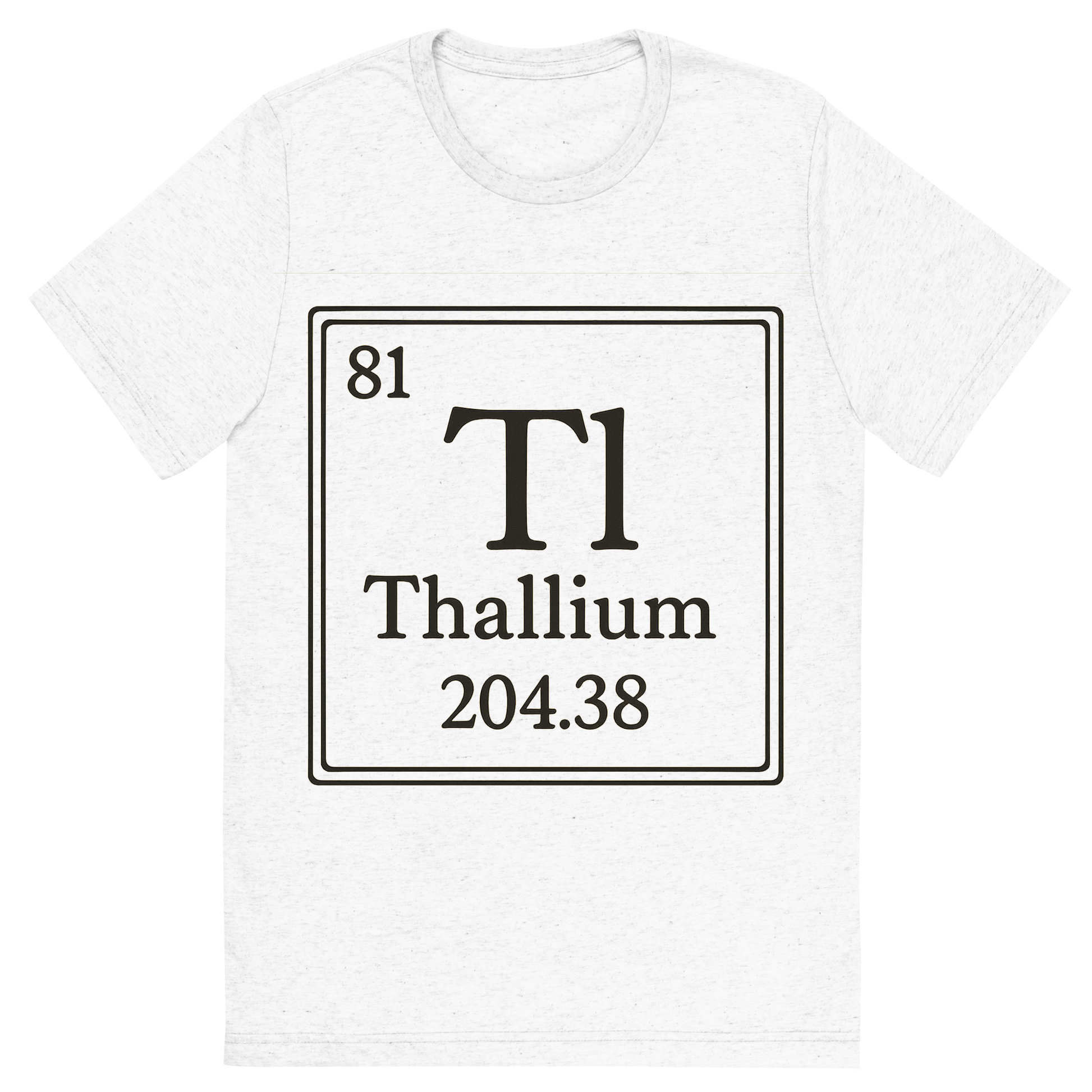 Front view of a Premium Tri-Blend Crew Neck T-Shirt in Solid White showing 'A line art, nostalgic graphic of thallium's entry on the periodic table, use a dark color for the lines and text'