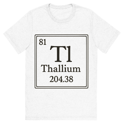 Front view of a Premium Tri-Blend Crew Neck T-Shirt in Solid White showing 'A line art, nostalgic graphic of thallium's entry on the periodic table, use a dark color for the lines and text'