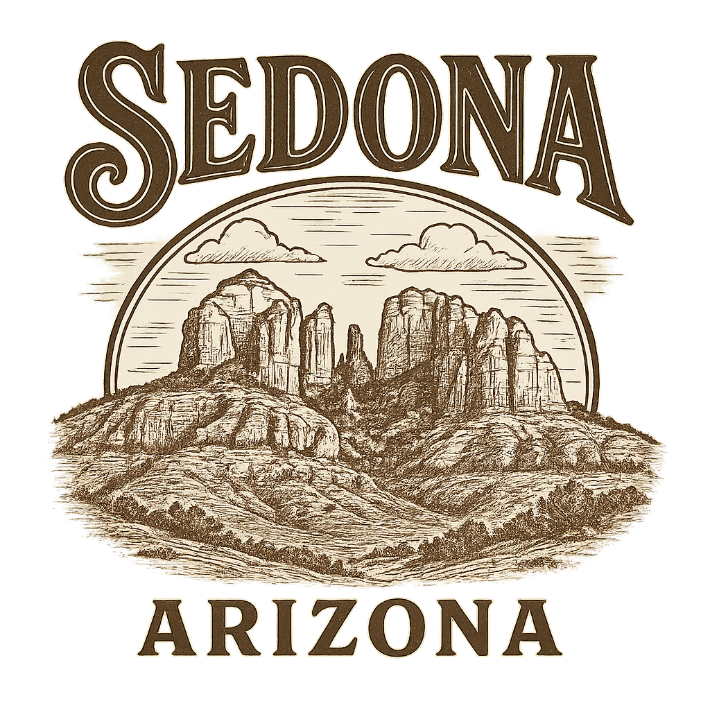 A typographic, nostalgic graphic of a typographic illustration of the words 'sedona, arizona' with a vintage line art drawing of the vortex energy sites – a t-shirt design