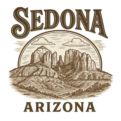 A typographic, nostalgic graphic of a typographic illustration of the words 'sedona, arizona' with a vintage line art drawing of the vortex energy sites – a t-shirt design