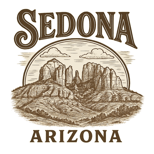 A typographic, nostalgic graphic of a typographic illustration of the words 'sedona, arizona' with a vintage line art drawing of the vortex energy sites – a t-shirt design