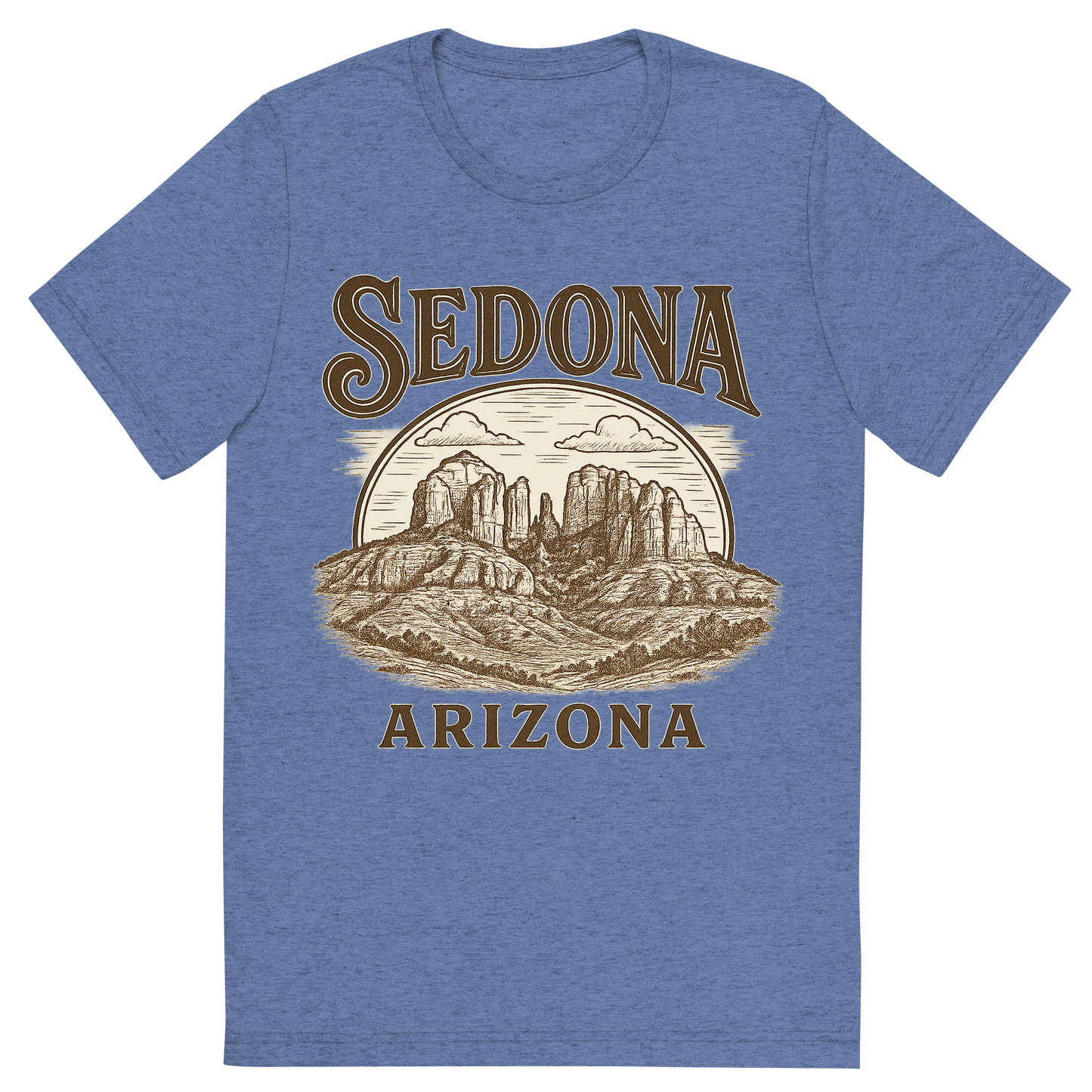 Front view of a Premium Tri-Blend Crew Neck T-Shirt in Blue showing 'A typographic, nostalgic graphic of a typographic illustration of the words 'sedona, arizona' with a vintage line art drawing of the vortex energy sites'