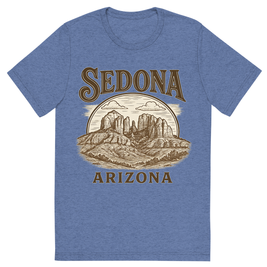 Front view of a Premium Tri-Blend Crew Neck T-Shirt in Blue showing 'A typographic, nostalgic graphic of a typographic illustration of the words 'sedona, arizona' with a vintage line art drawing of the vortex energy sites'
