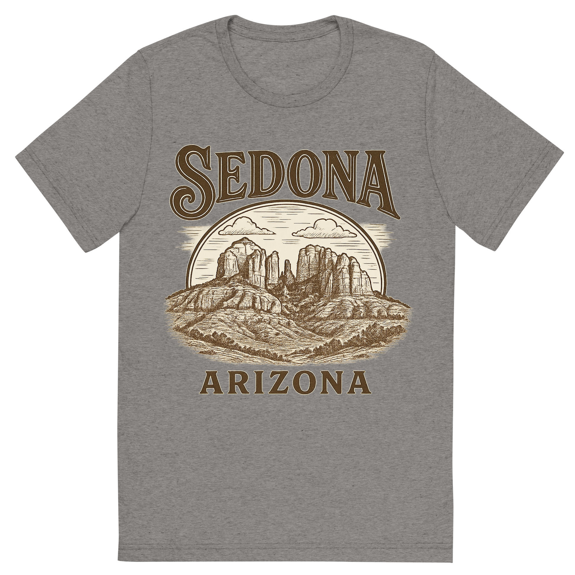 Front view of a Premium Tri-Blend Crew Neck T-Shirt in Grey showing 'A typographic, nostalgic graphic of a typographic illustration of the words 'sedona, arizona' with a vintage line art drawing of the vortex energy sites'