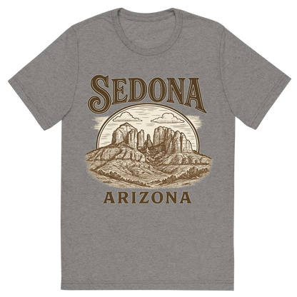 Front view of a Premium Tri-Blend Crew Neck T-Shirt in Grey showing 'A typographic, nostalgic graphic of a typographic illustration of the words 'sedona, arizona' with a vintage line art drawing of the vortex energy sites'