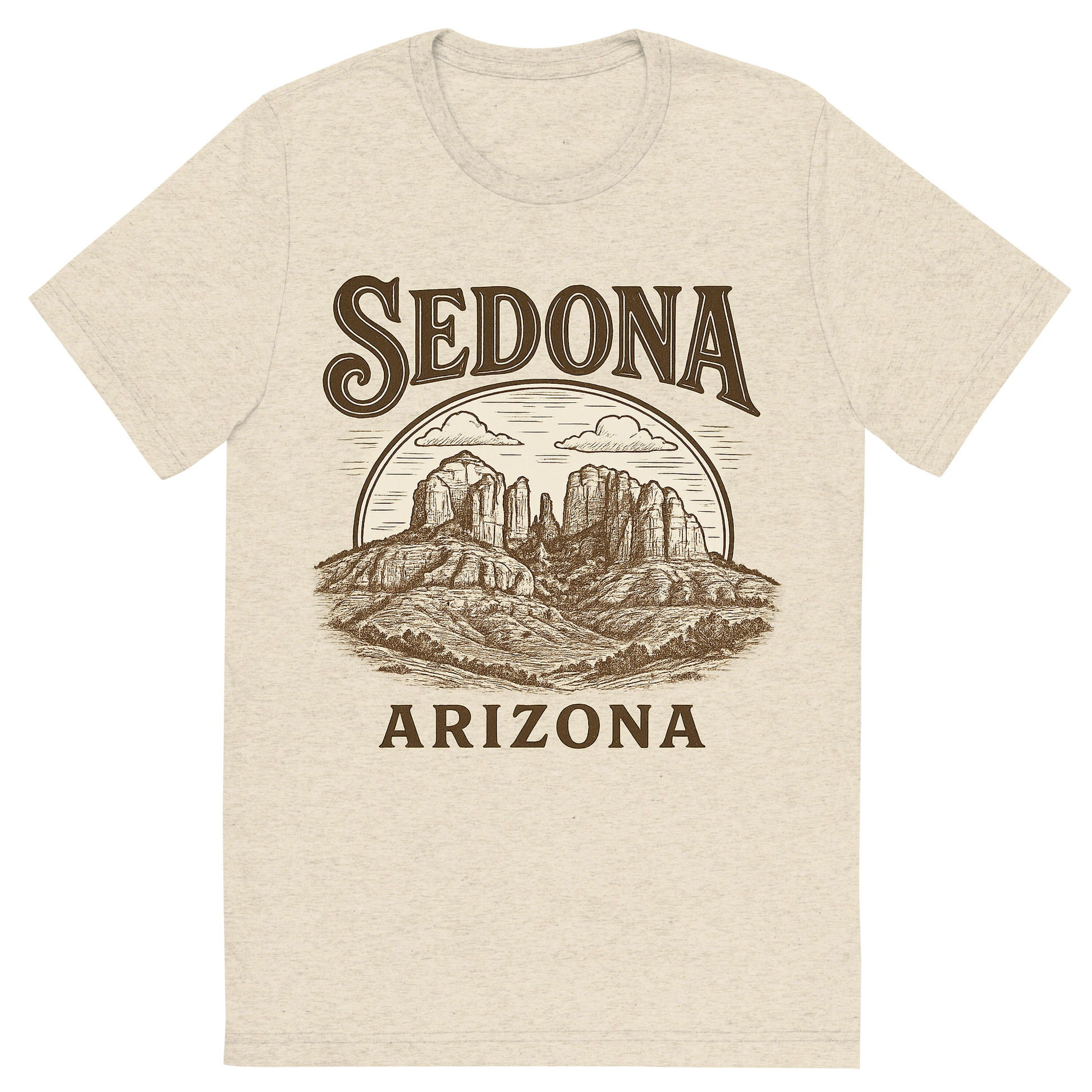 Front view of a Premium Tri-Blend Crew Neck T-Shirt in Oatmeal showing 'A typographic, nostalgic graphic of a typographic illustration of the words 'sedona, arizona' with a vintage line art drawing of the vortex energy sites'