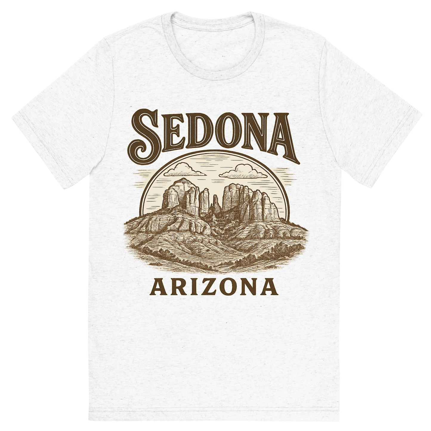 Front view of a Premium Tri-Blend Crew Neck T-Shirt in Solid White showing 'A typographic, nostalgic graphic of a typographic illustration of the words 'sedona, arizona' with a vintage line art drawing of the vortex energy sites'