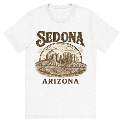 Front view of a Premium Tri-Blend Crew Neck T-Shirt in Solid White showing 'A typographic, nostalgic graphic of a typographic illustration of the words 'sedona, arizona' with a vintage line art drawing of the vortex energy sites'