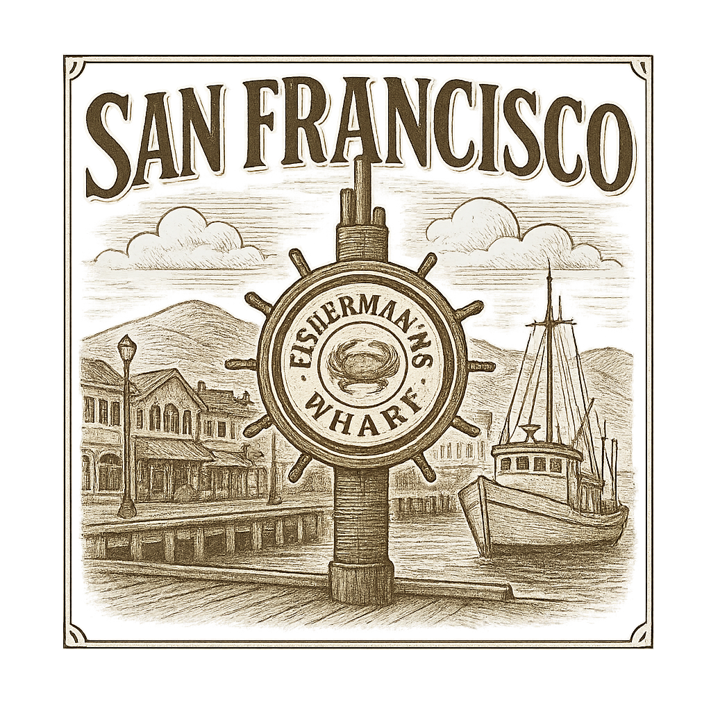 A typographic, nostalgic graphic of a typographic illustration of the words 'san francisco' with a vintage line art drawing of fisherman’s wharf – a t-shirt design