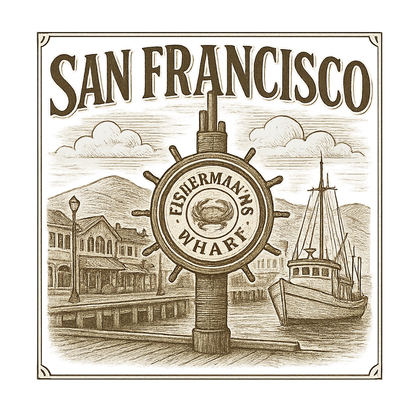 A typographic, nostalgic graphic of a typographic illustration of the words 'san francisco' with a vintage line art drawing of fisherman’s wharf – a t-shirt design