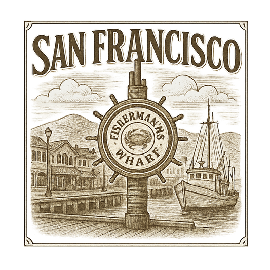 A typographic, nostalgic graphic of a typographic illustration of the words 'san francisco' with a vintage line art drawing of fisherman’s wharf – a t-shirt design