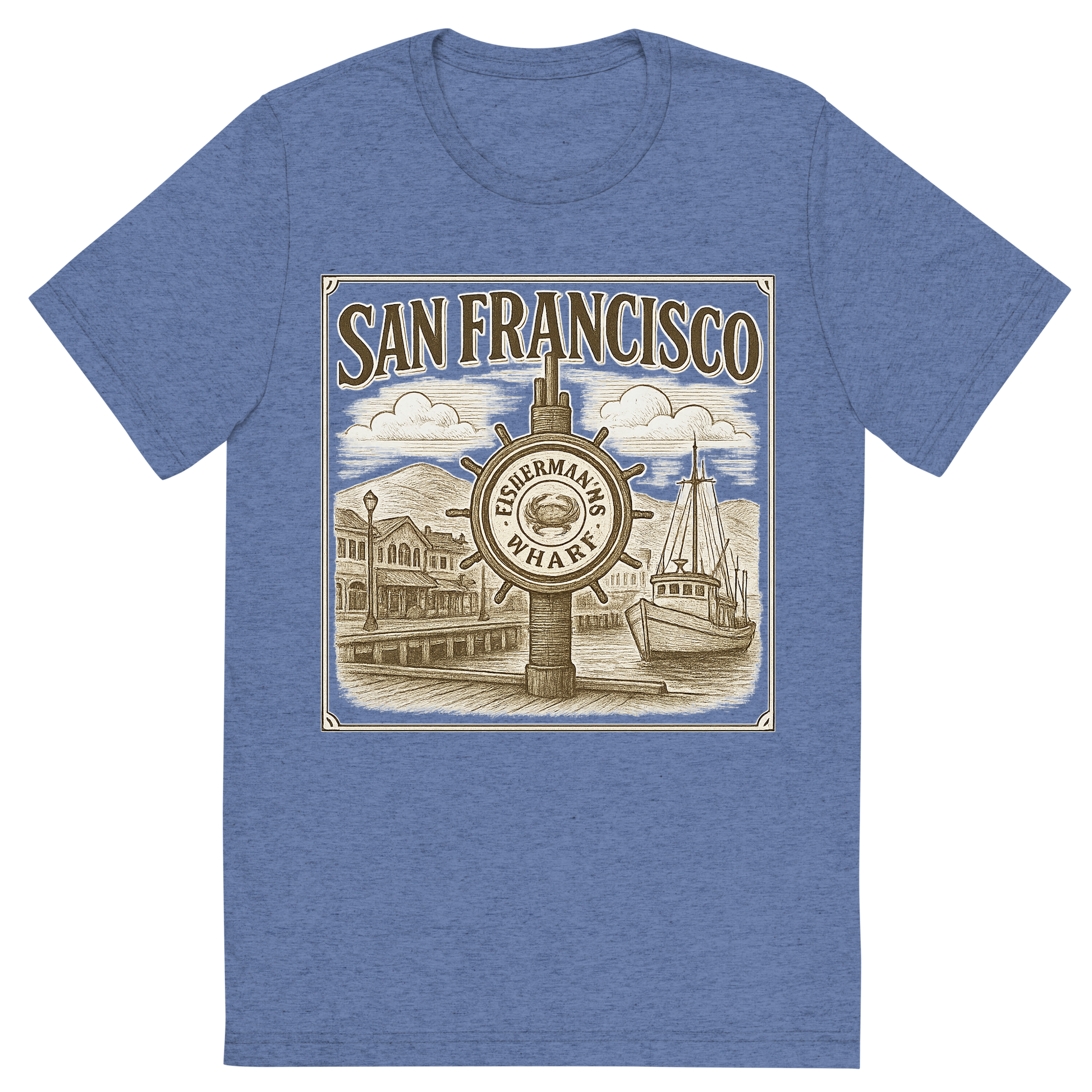 Front view of a Premium Tri-Blend Crew Neck T-Shirt in Blue showing 'A typographic, nostalgic graphic of a typographic illustration of the words 'san francisco' with a vintage line art drawing of fisherman’s wharf'