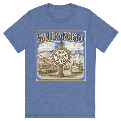 Front view of a Premium Tri-Blend Crew Neck T-Shirt in Blue showing 'A typographic, nostalgic graphic of a typographic illustration of the words 'san francisco' with a vintage line art drawing of fisherman’s wharf'