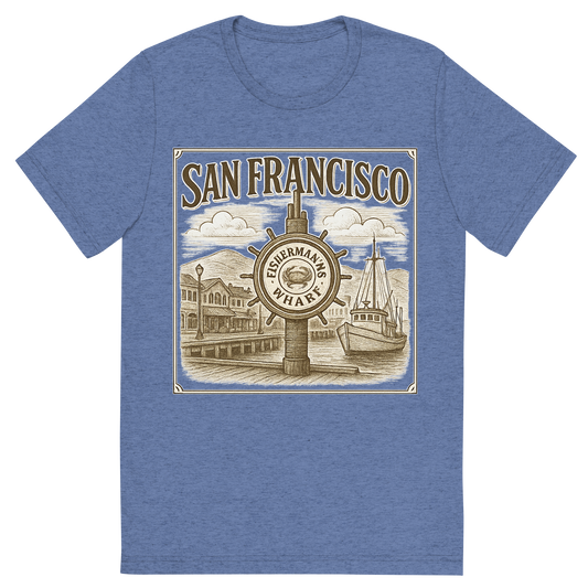 Front view of a Premium Tri-Blend Crew Neck T-Shirt in Blue showing 'A typographic, nostalgic graphic of a typographic illustration of the words 'san francisco' with a vintage line art drawing of fisherman’s wharf'