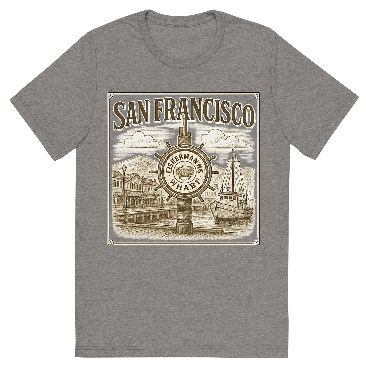 Front view of a Premium Tri-Blend Crew Neck T-Shirt in Grey showing 'A typographic, nostalgic graphic of a typographic illustration of the words 'san francisco' with a vintage line art drawing of fisherman’s wharf'