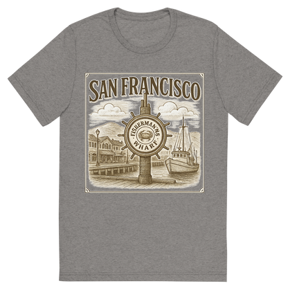 Front view of a Premium Tri-Blend Crew Neck T-Shirt in Grey showing 'A typographic, nostalgic graphic of a typographic illustration of the words 'san francisco' with a vintage line art drawing of fisherman’s wharf'