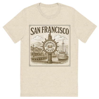 Front view of a Premium Tri-Blend Crew Neck T-Shirt in Oatmeal showing 'A typographic, nostalgic graphic of a typographic illustration of the words 'san francisco' with a vintage line art drawing of fisherman’s wharf'