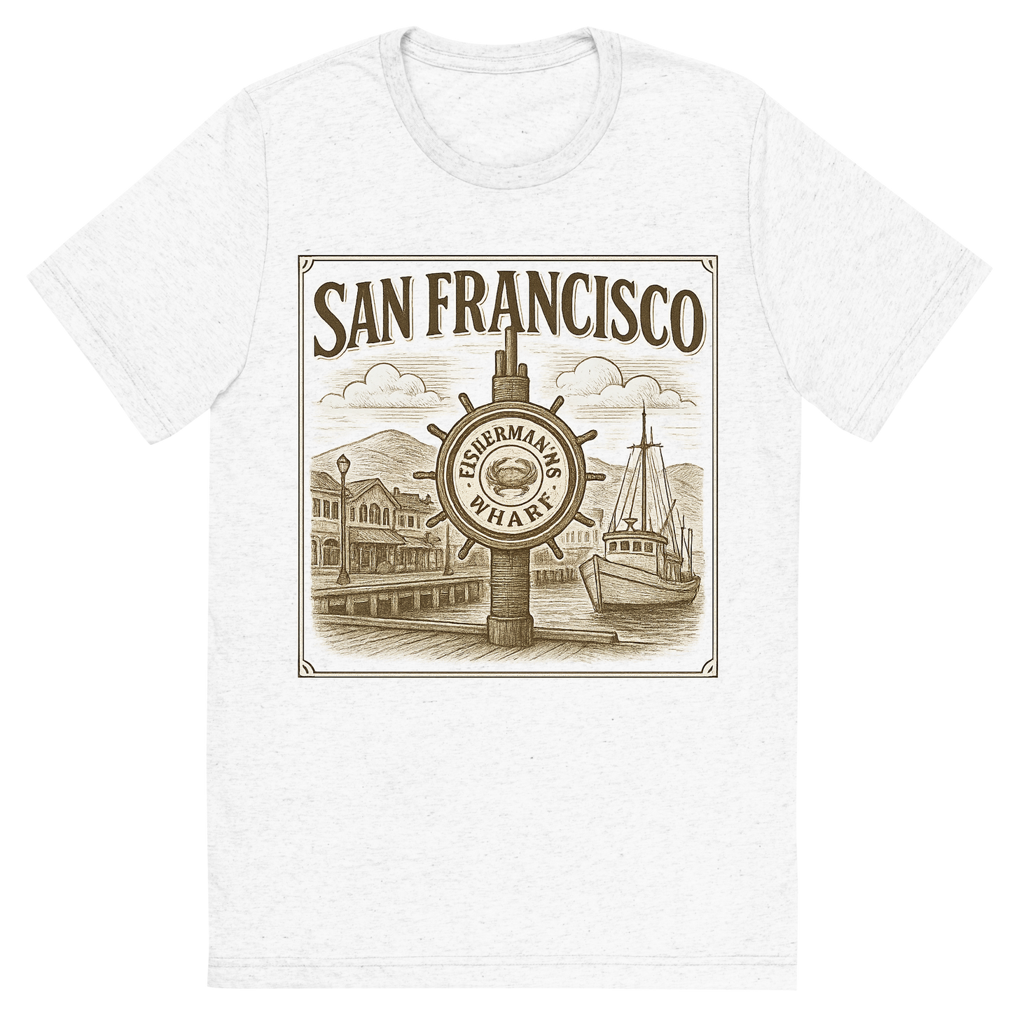Front view of a Premium Tri-Blend Crew Neck T-Shirt in Solid White showing 'A typographic, nostalgic graphic of a typographic illustration of the words 'san francisco' with a vintage line art drawing of fisherman’s wharf'
