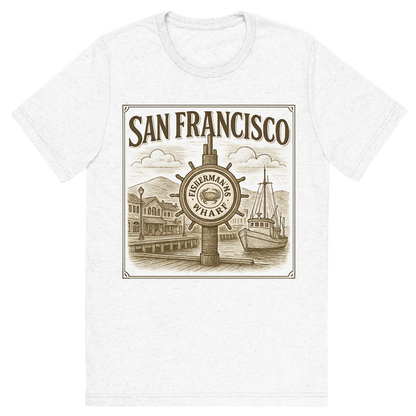 Front view of a Premium Tri-Blend Crew Neck T-Shirt in Solid White showing 'A typographic, nostalgic graphic of a typographic illustration of the words 'san francisco' with a vintage line art drawing of fisherman’s wharf'