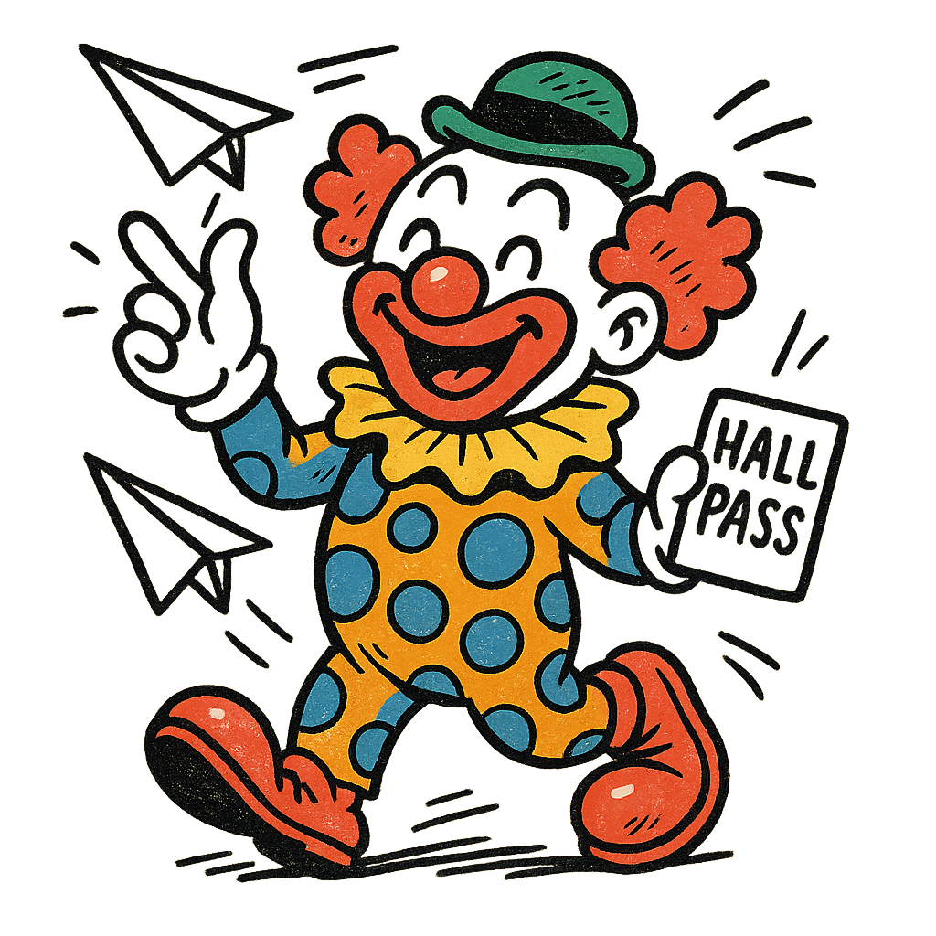 A hand-drawn ink with pop color, playful graphic of a cartoonish clown mascot holding a hall pass and throwing paper airplanes, with “class clown academy” written in playful lettering around the top. transparent background, centered layout, hand-drawn ink with bright accent colors. optimized for dtg printing. - a t-shirt design