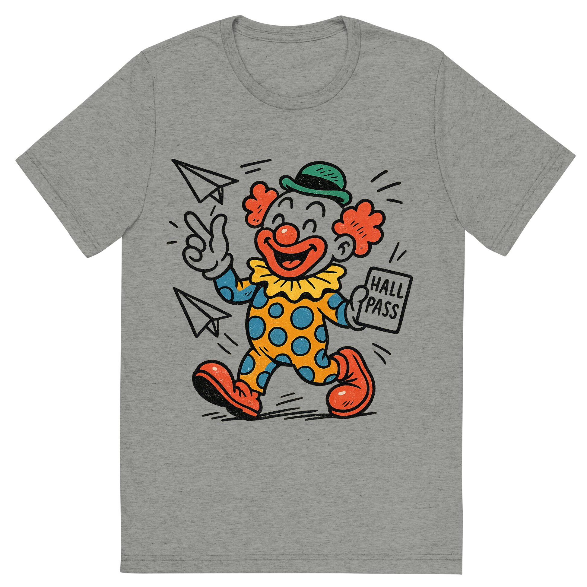 Front view of a Premium Tri-Blend Crew Neck T-Shirt in Athletic Grey showing 'A hand-drawn ink with pop color, playful graphic of a cartoonish clown mascot holding a hall pass and throwing paper airplanes, with “class clown academy” written in playful lettering around the top. transparent background, centered layout, hand-drawn ink with bright accent colors. optimized for dtg printing.'