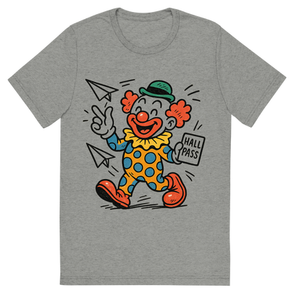 Front view of a Premium Tri-Blend Crew Neck T-Shirt in Athletic Grey showing 'A hand-drawn ink with pop color, playful graphic of a cartoonish clown mascot holding a hall pass and throwing paper airplanes, with “class clown academy” written in playful lettering around the top. transparent background, centered layout, hand-drawn ink with bright accent colors. optimized for dtg printing.'