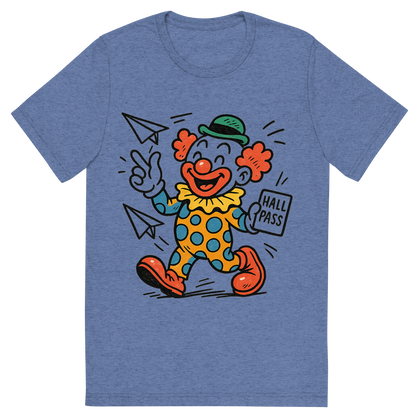 Front view of a Premium Tri-Blend Crew Neck T-Shirt in Blue showing 'A hand-drawn ink with pop color, playful graphic of a cartoonish clown mascot holding a hall pass and throwing paper airplanes, with “class clown academy” written in playful lettering around the top. transparent background, centered layout, hand-drawn ink with bright accent colors. optimized for dtg printing.'