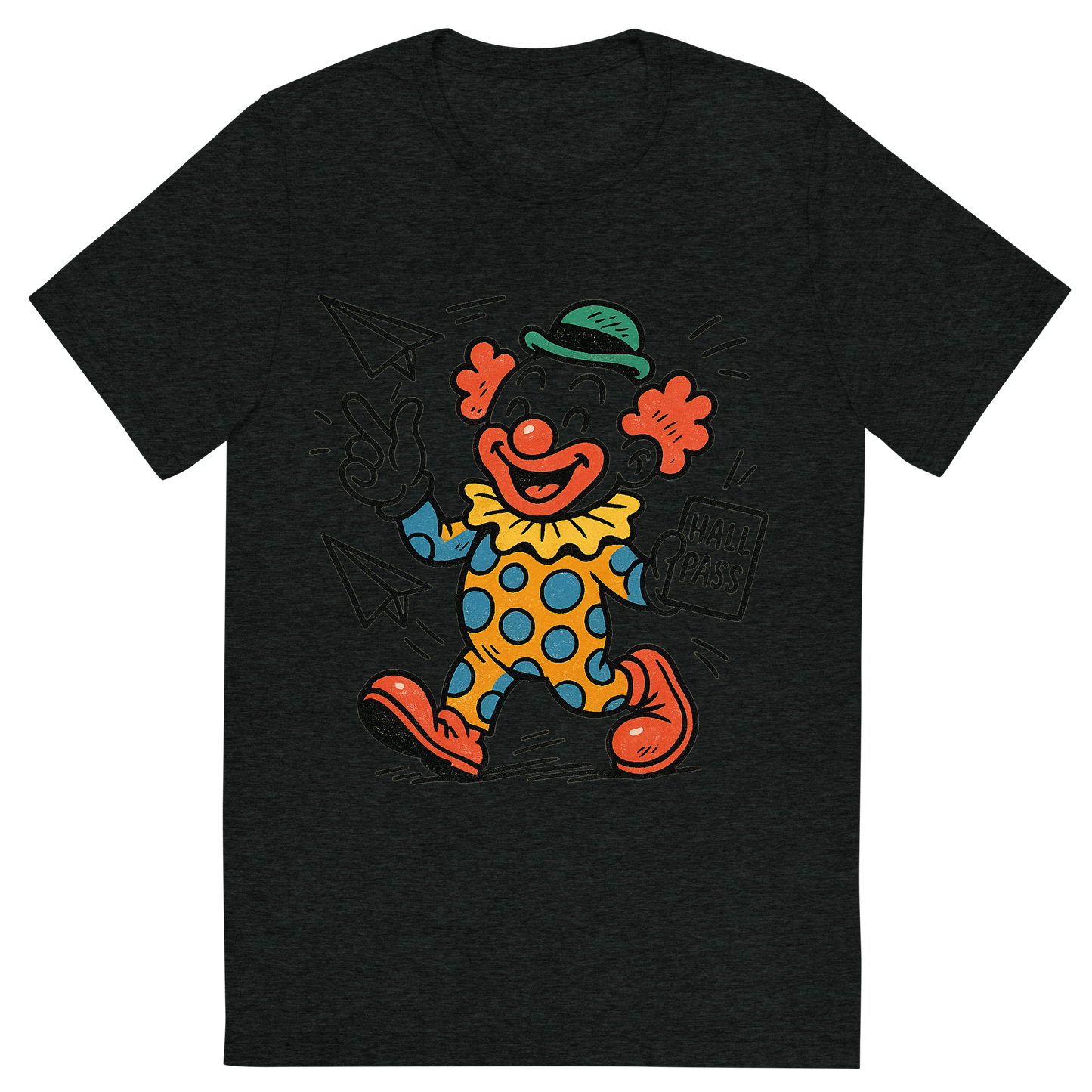 Front view of a Premium Tri-Blend Crew Neck T-Shirt in Charcoal-Black showing 'A hand-drawn ink with pop color, playful graphic of a cartoonish clown mascot holding a hall pass and throwing paper airplanes, with “class clown academy” written in playful lettering around the top. transparent background, centered layout, hand-drawn ink with bright accent colors. optimized for dtg printing.'