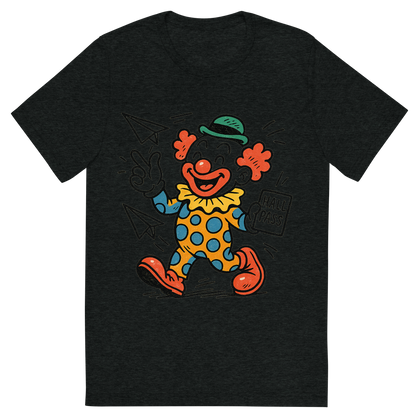 Front view of a Premium Tri-Blend Crew Neck T-Shirt in Charcoal-Black showing 'A hand-drawn ink with pop color, playful graphic of a cartoonish clown mascot holding a hall pass and throwing paper airplanes, with “class clown academy” written in playful lettering around the top. transparent background, centered layout, hand-drawn ink with bright accent colors. optimized for dtg printing.'