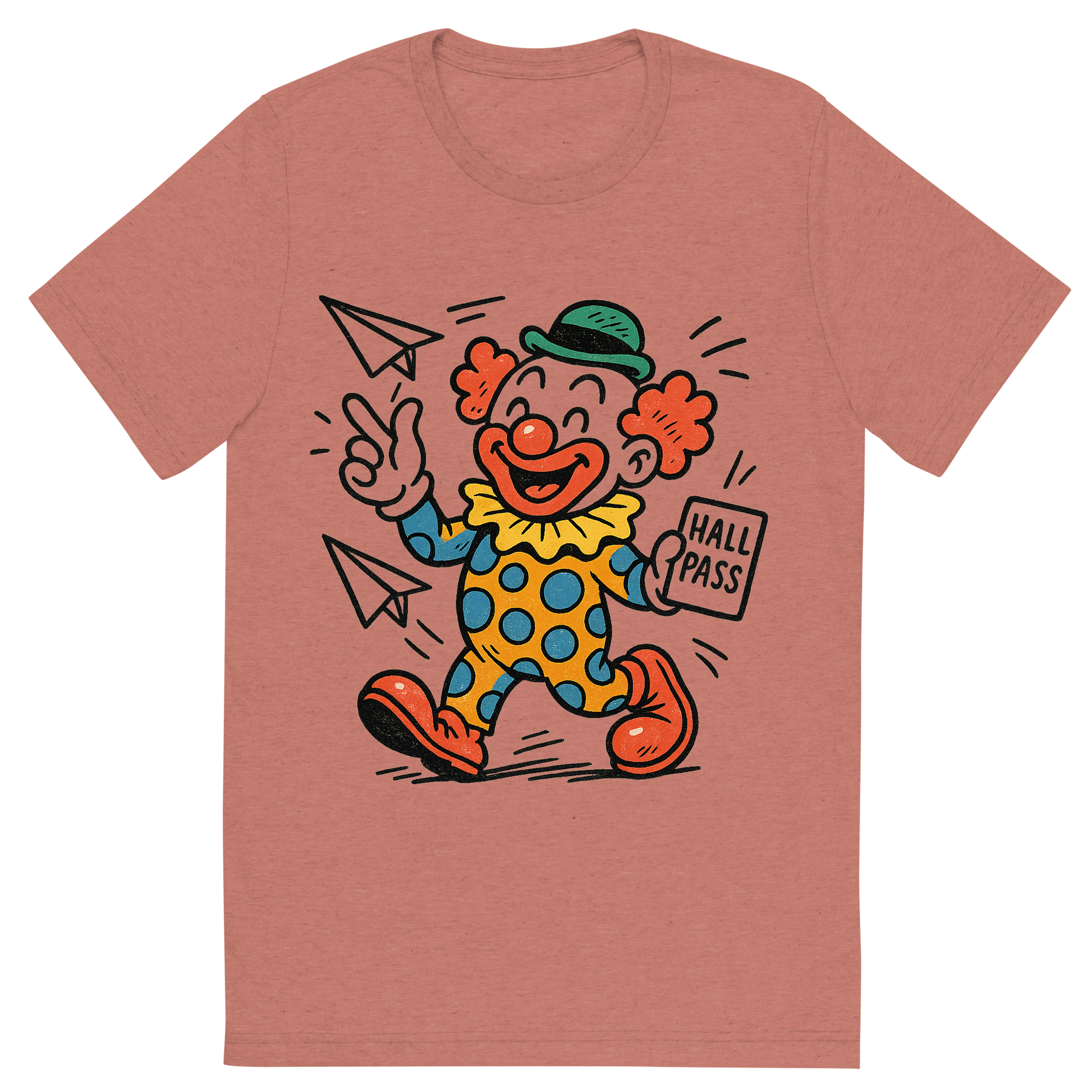 Front view of a Premium Tri-Blend Crew Neck T-Shirt in Mauve showing 'A hand-drawn ink with pop color, playful graphic of a cartoonish clown mascot holding a hall pass and throwing paper airplanes, with “class clown academy” written in playful lettering around the top. transparent background, centered layout, hand-drawn ink with bright accent colors. optimized for dtg printing.'