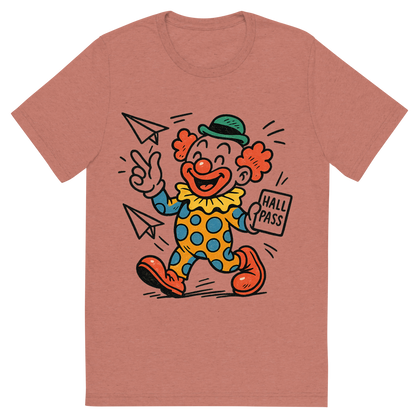 Front view of a Premium Tri-Blend Crew Neck T-Shirt in Mauve showing 'A hand-drawn ink with pop color, playful graphic of a cartoonish clown mascot holding a hall pass and throwing paper airplanes, with “class clown academy” written in playful lettering around the top. transparent background, centered layout, hand-drawn ink with bright accent colors. optimized for dtg printing.'