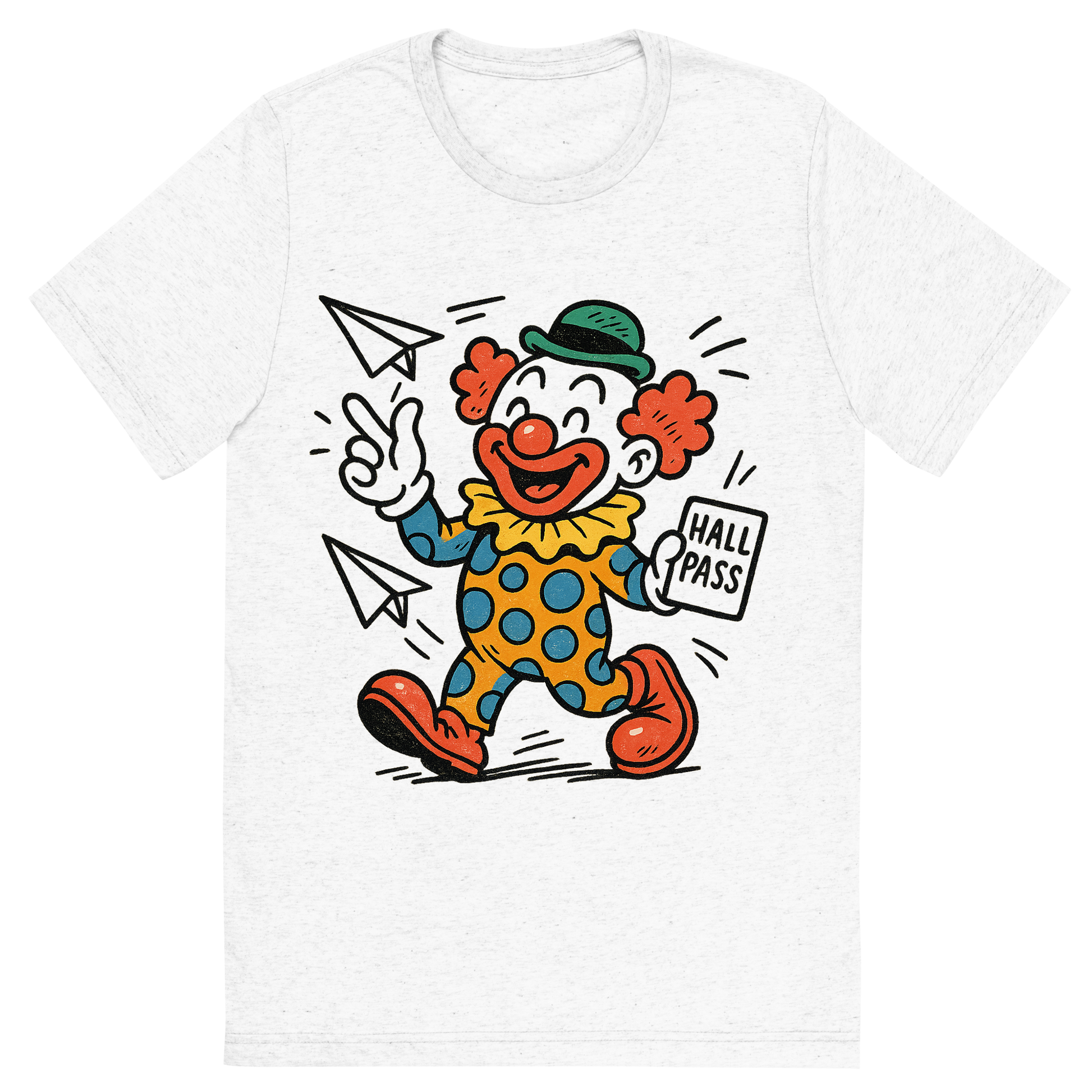 Front view of a Premium Tri-Blend Crew Neck T-Shirt in Solid White showing 'A hand-drawn ink with pop color, playful graphic of a cartoonish clown mascot holding a hall pass and throwing paper airplanes, with “class clown academy” written in playful lettering around the top. transparent background, centered layout, hand-drawn ink with bright accent colors. optimized for dtg printing.'