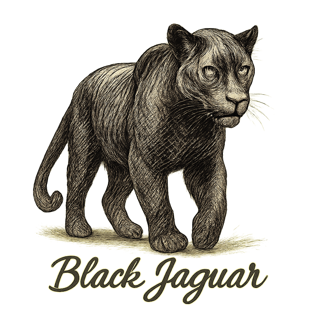 A flat, neutral graphic of a powerful sketch of a black jaguar with subtle rosettes and shadowy features. “black jaguar” is written in flowing script below. detailed ink illustration on a white background. - a t-shirt design