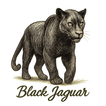 A flat, neutral graphic of a powerful sketch of a black jaguar with subtle rosettes and shadowy features. “black jaguar” is written in flowing script below. detailed ink illustration on a white background. - a t-shirt design