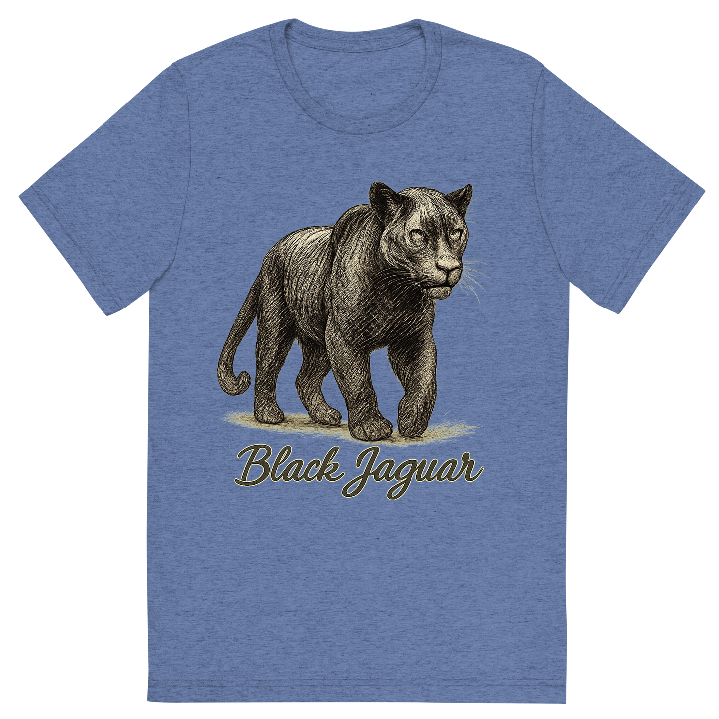 Front view of a Premium Tri-Blend Crew Neck T-Shirt in Blue showing 'A flat, neutral graphic of a powerful sketch of a black jaguar with subtle rosettes and shadowy features. “black jaguar” is written in flowing script below. detailed ink illustration on a white background.'